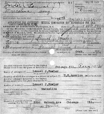 Marcelina copyright application card, 1920